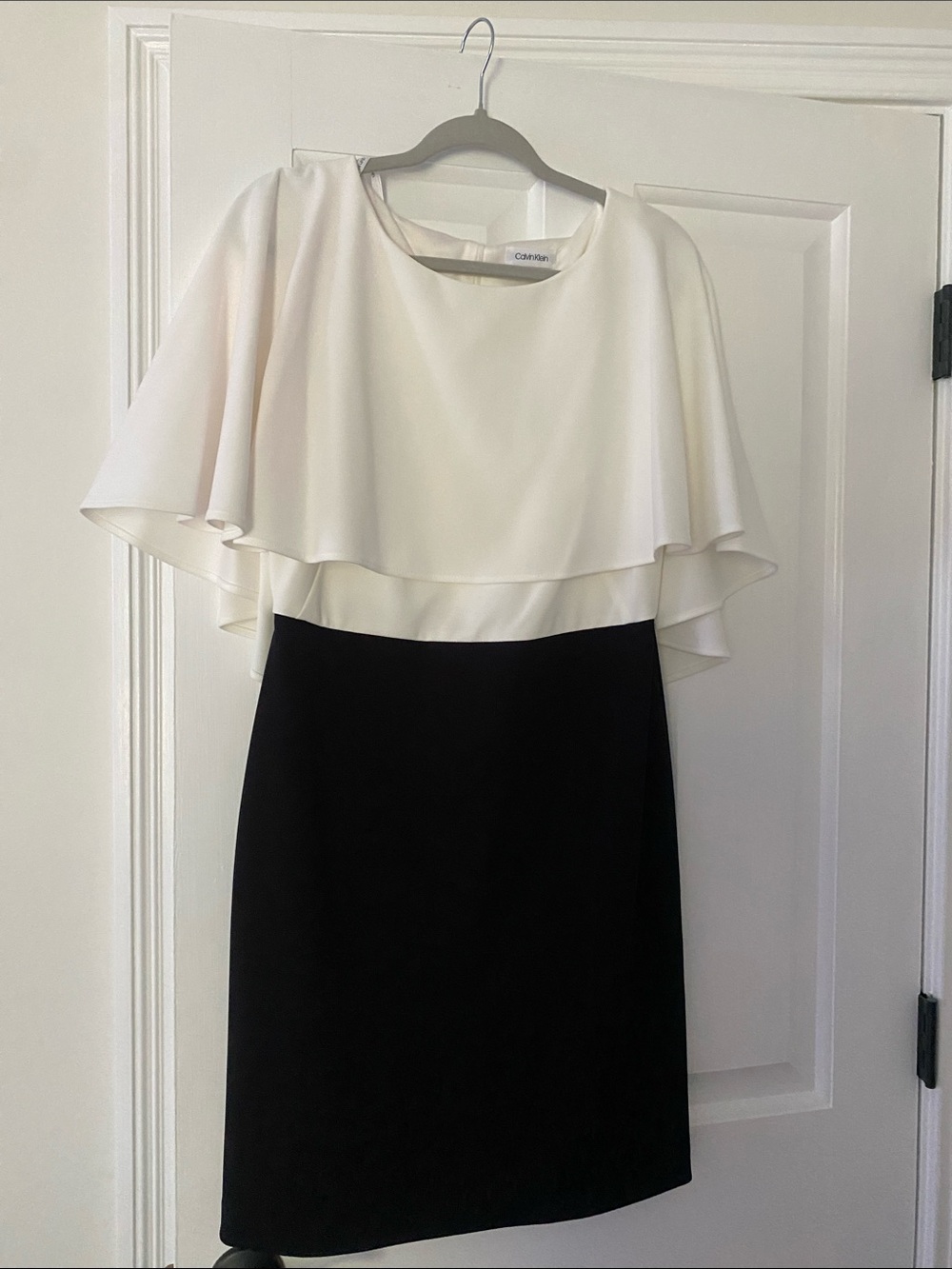 Calvin Klein Ivory Cape Sheath Dress with Black Skirt